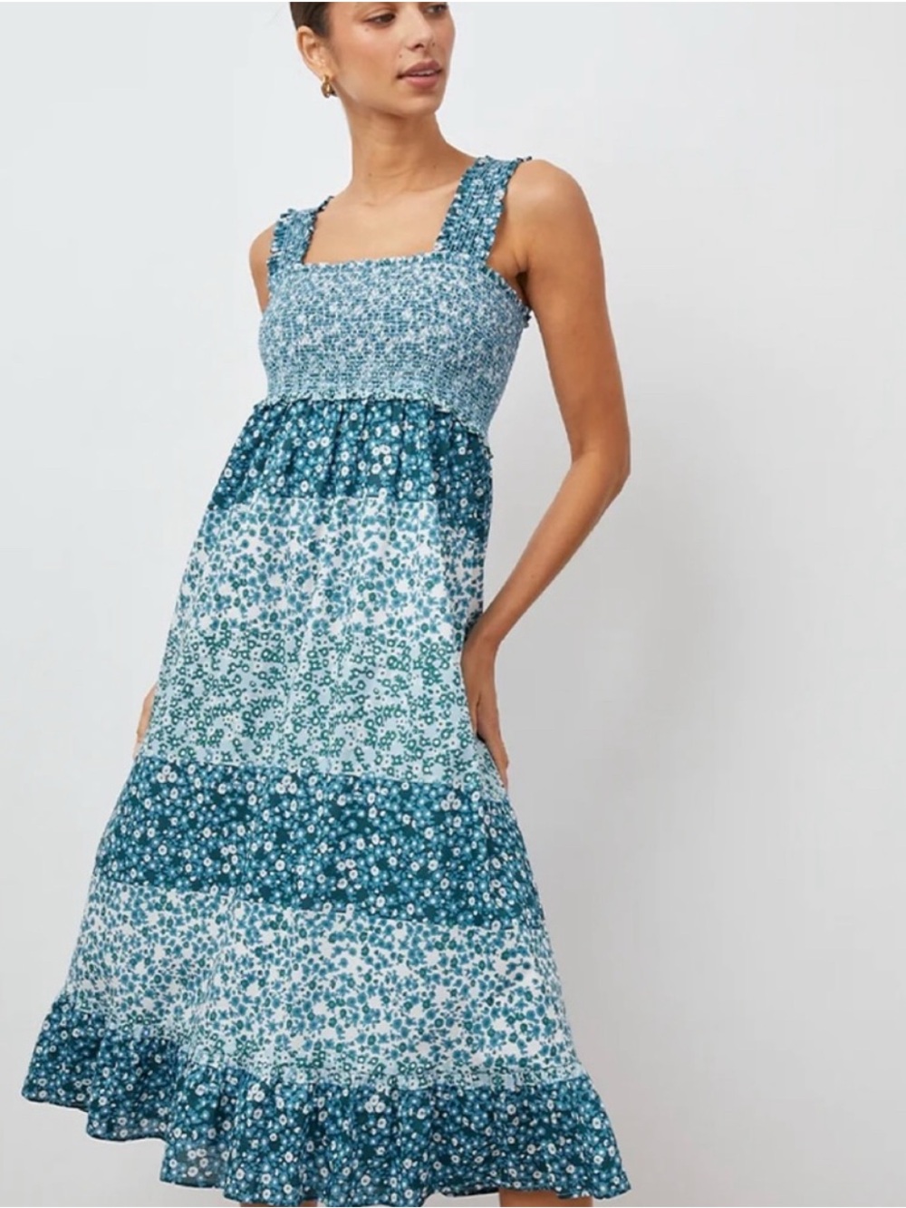 Rails Teal Blue Floral Tiered Midi Dress